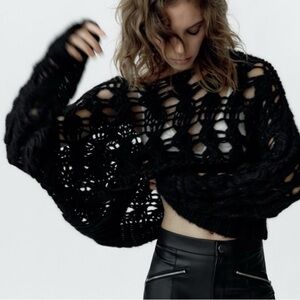 Zara Black Open Knit Wool Alpaca Sweater Size S NWT!